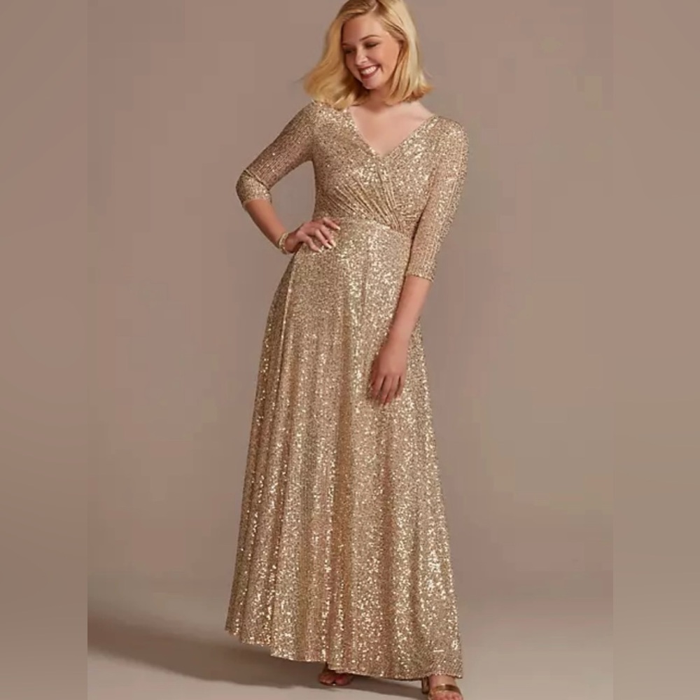 Oleg Cassini Gold sequin formal Gown  14 Long Sleeve modest
